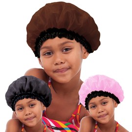 DONNA Kids Satin Bonnet, Sleeping Cap 3pc Hair Bonnet Soft Satin Kids Hair Bonnet(Black/Brown/Pink)