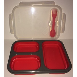 Eco One Durable and Reusable 3 Sections Bento Lunch Box Collapsible Meal Prep Container With Spork (Colors May Vary)