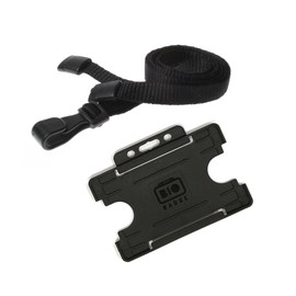 Customcard ltd® Set of Black Neck Strap Lanyard with Plastic Clip and Single Safety Break & Black Recyclable Rigid ID Badge, ID Card Holder, Open Faced, Single Sided - Pack of 1