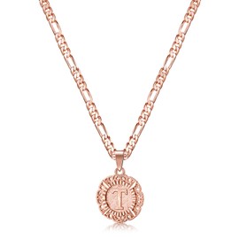 KissYan Initial Necklace For Women Girl,14K Gold Plated Round Letter Pendant Necklace Capital Monogram Necklace Alhpabets from A-Z Figaro Chain Necklace, Copper, No Gemstone