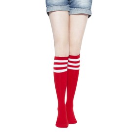KONY Women's Cotton Knee High Socks - Casual Solid & Striped Colors Fashion Socks 3 Pairs (Women’s Shoe Size 5-9) (Red Stripe - 3 Pairs)
