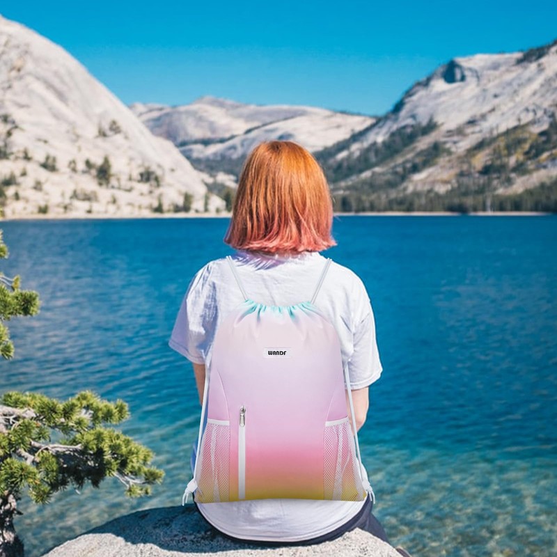 WANDF Drawstring Backpack Sports Gym Sackpack with Mesh Pockets Water