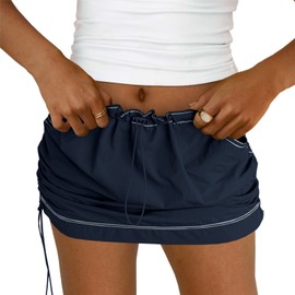 Minifalda tipo cargo para mujer, Y2K, casual, de verano, cintura alta, entallada, falda fruncida, cordón lateral y bolsillos, marino, L