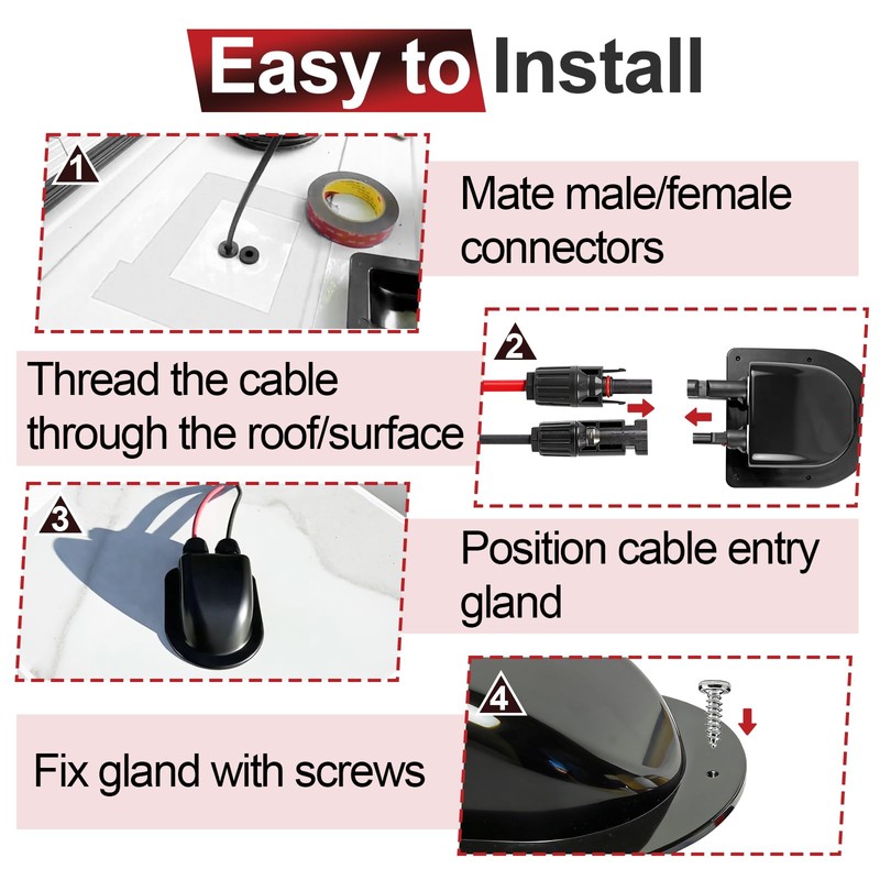 Solar Cable Gland with 10Ft 13AWG Cable, MC4 Entry Connectors