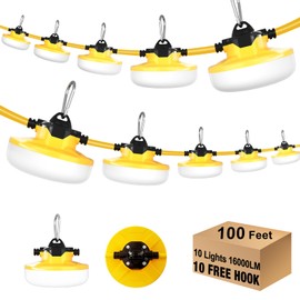 JC-LGL 100FT LED Construction String Lights 3 Prong, 130W 16000Lm LED String Work Lights, 5000K Daylight Temporary Lighting for Construction Sites, Jobsite, Renovation, Mine Cave, UL Listed
