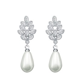 YOQUCOL Leaf-shape Dangle Drop Pierced Earring Simulated Pearl Cubic Zirconia Crystal Earring For Women
