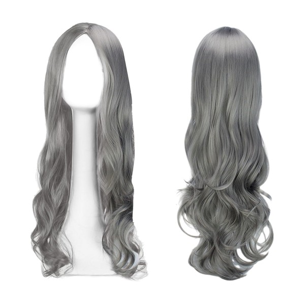 EUPSIIU Long Wavy Silver Grey Wig for Women Girls, 27 Inch Long Curly Full Hair Wavy Heat Resistant Wig Women's Cosplay Costume Charming Wig for Daily Carnival (Silver)