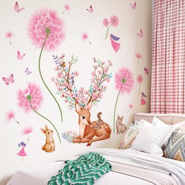 Winhappyhome Pink Dandelion Cartoon Deer Bunny Large Pattern Wall Art Sticker for Bedroom Living Room Background Removable Decor Decals