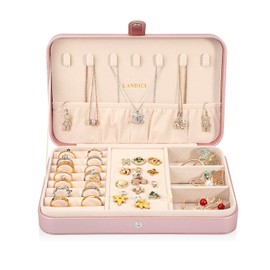 LANDICI Small Jewelry Box for Women Girls, PU Leather Travel Jewelry Case, Portable Jewelry Organizer Storage Holder Display for Ring Earrings Necklace Bracelet Women Kids Gift, Rose Gold