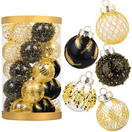 25pcs Christmas Tree Balls, 2.36" Christmas Ornament Decorations Shatterproof Ornaments Black and Gold Color Painted Christmas Baubles Decorations for Party Wedding Christmas Decor