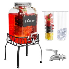OneDream Glass Drink Dispenser for Parties, 1Gallon Beverage Dispenserd with Stand, Lemonade Dispenser with Stainless Steel Spigot and Fruit Infuser, Come with Ice Cylinder, Used as Sun Tea, Juice