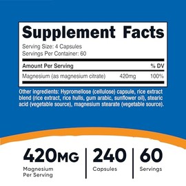 Nutricost Citrato de magnesio 420 mg - 240 cápsulas vegetarianas - 60 porciones - 210 mg por cápsules – Sin Gluten - Sin OGM