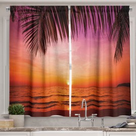 Ambesonne Tropical Long Kitchen Curtains, Exotic Sunset Above The Sea Scenery from Coconut Palm Tree Leaf Heaven Picture, Two Panels Drapes with Rod Pocket Room Decor, 55" x 45", Pink Orange