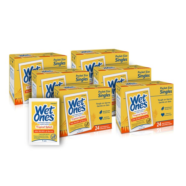 Wet Ones Antibacterial Hand Wipes Singles, Tropical Splash Wipes | Individual Wipes, Antibacterial Wipes, Hand Wipes Individually Wrapped | 24 ct. (6 pack)