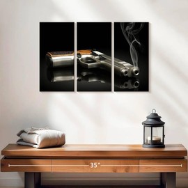 Elephant Stock - Smoking Pistol Gun Wall Art - Horizontal Multi Panel Canvas - 3 Piece Living Room Wall Decor - Photography Hobbies And Lifestyle Multi Piece Wall Art - Black And Gray Decor - 23" x 14"