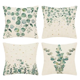 Habodd Cushion Covers 45 x 45 cm Set of 4 Outdoor Spring Green Eucalyptus Leaves Cushion Cover Linen Summer Cushion Cover Decorative Cushion Sofa Cushion Covers for Sofa Bedroom Living Room Garden