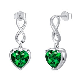 May Emerald Green Birthstone Infinity Stud Earrings - Shysnow 925 Sterling Silver Heart Shaped Cubic Zirconia Dangle Studs Infinite Symbol Birth Gem Stone Jewelry for Mother Birthday Mother's Day Gift