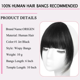 ORIGEN Clip in Bangs Real Human Hair Clip on Wispy Bangs Fringe with Temples Hairpieces Fake Front Bangs Extensions for Women Jet Black Color