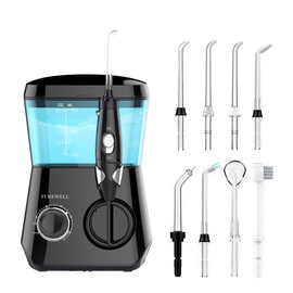 TUREWELL Water Flossing Oral Irrigator, 600ML Dental Teeth Cleaner 10 Adjustable Pressure, Electric Oral Flosser for Braces, 8 Replacement Jet Tips for Family (Black)