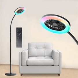 Pedestal Fan for Bedroom, Floor Lamp with Fan RGB 18w/1500lm, 3-Speed Stand Fan Stepless Adjustable 3000K-6000K Color and Dimmer, Remote and Button Control, Adjustable Gooseneck Gloor Lamp (Black)