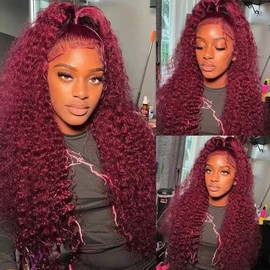 KRKRYQ 99J Burgundy 13x6 Lace Front Wigs Human Hair 24 Inch Deep Wave Lace Front Wigs Human Hair Pre Plucked Red Curly Human Hair Wig 200% Density Colored Lace Frontal Glueless for Women