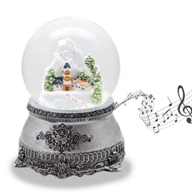 Snow Globe Mountain Village Pewter Look Ornaments with Music Box Christmas Decoration W: 10 cm H: 14 cm | 20251