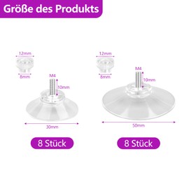 Pmeiduo 16 Piece Suction Cup with Thread Set 8 Pieces 30 mm Suction Cups and 8 Pieces 50 mm Suction Cups Transparent Suction Cups No Drilling Suction Cup for Windows, Car, Decoration, Suspension