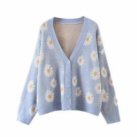 Hyipels Women's Long Sleeve Cardigan Sweater,Cute Y2K Top Knit Colorful Patterned V Neck Button Outwear S~XL