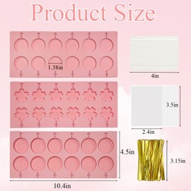 3Pcs Lollipop Mold Kit, 36 Capacity CHELIZIYA 3 Shapes Pink Silicone Candy Molds, Non-Stick Silicone Flower Chocolate Mold with 100Pcs Sticks, 100Pcs Bags, 100Pcs Ties for Party