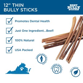 Best Bully Sticks 12 Inch Thin Bully Sticks for Dogs - 24 Count (Pack of 1) - Natural Grain and Rawhide Free, Puppies, Seniors, Small Breeds