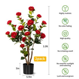 zylwtsntkn Artificial Camellia Tree 2 Pack, Artificial Plants Outdoor Faux Floral Plant in Cement Pot Fake Red Silk Camellia Tree Plants for Home House Living Room Office Decor (Red (2 Pack))