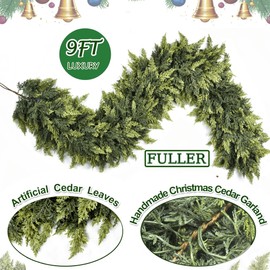 Christmas Cedar Garland Artificial Realistic Soft and Thickness Green Faux Cedar Pine Garland for Home Fireplace Indoor Outdoor Holiday Party Decoration (1, 9FT)