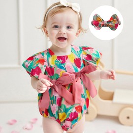 Summer Outfit Toddler Baby Girl Romper Tulip Bow Puff Short Sleeve Bodysuit Headband Set (Red, 3-6 Months)