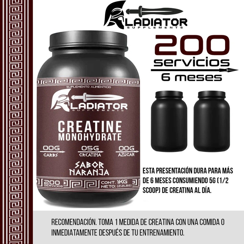 Creatina Gladiator Monohidratada 1kg 200 Servicios Sabores Naranja