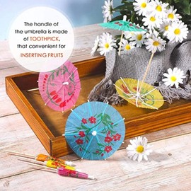 Paquete de 200 Piezas de Accesorios para Decoración de Cócteles con Sombrillas, Accesorios de Cóctel de Colores Mixtos, Sombrillas de Cóctel, Paraguas de Bambú con Patrón Exquisito de Varios Colores,