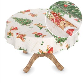 ANRO Oilcloth Tablecloth Christmas Tablecloth Washable Oilcloth Christmas Wax Tablecloth Teddy Bear Round 120 cm