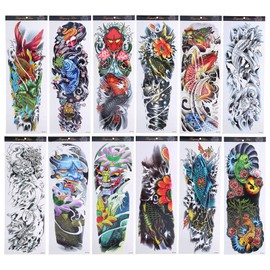 Temporary Tattoos 12 Sheets Colourful Full Arm Fake Tattoos Waterproof Temporary Tattoo Stickers for Men Women (170 x 480 mm)