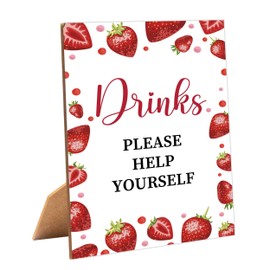 Strawberry Drinks Sign for Baby Shower, 1 Pack Wooden Sign with Stand Tabletop Decor, Berry Sweet Baby Shower Decoration, Gender Neutral Party Supplies - WGD23