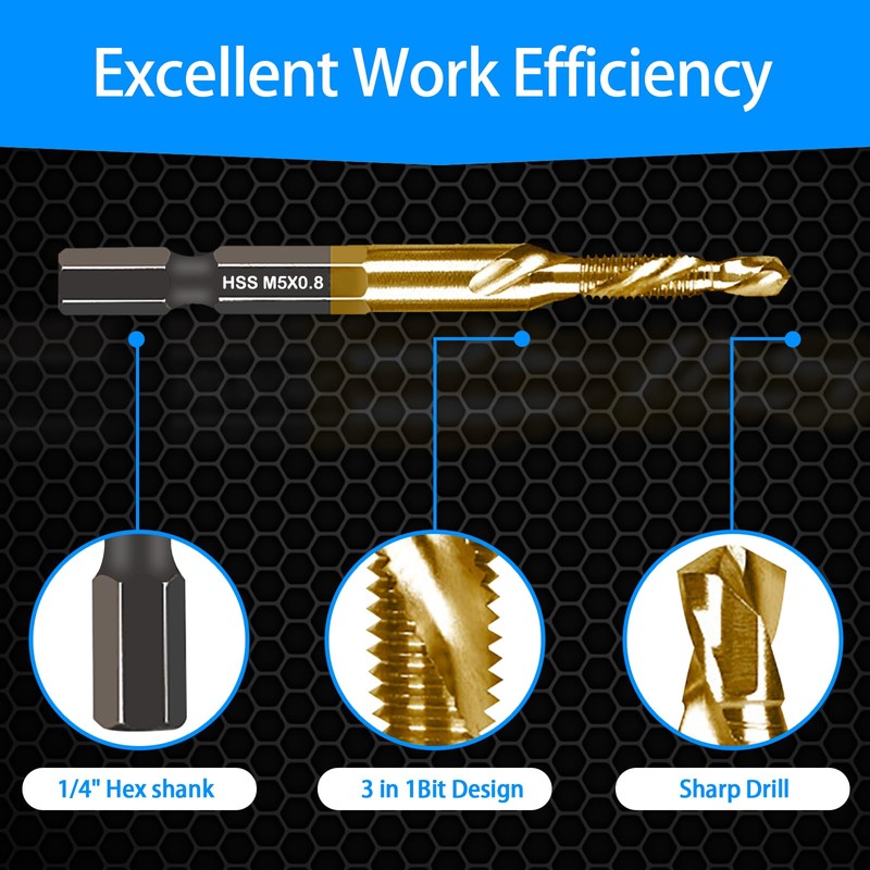 DKIBBITH 6-pc Metric M5 Combination Drill Tap Bit Set, M5*0.8