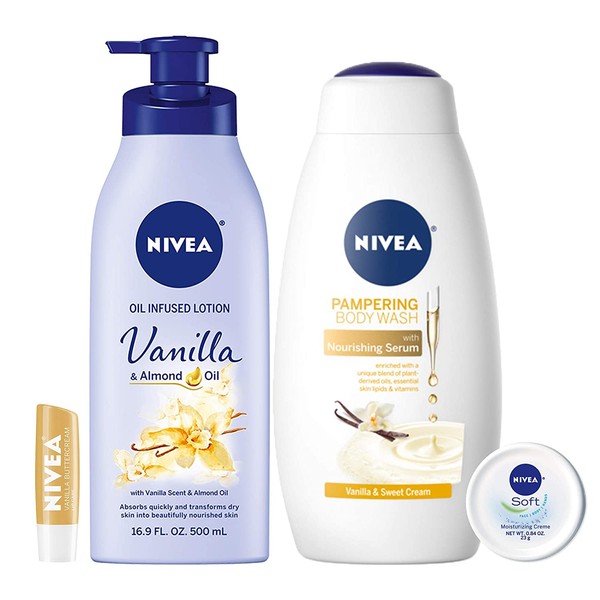NIVEA Very Vanilla Self-Care Kit - 4 Piece Bundle with Body Lotion, Body Wash, Lip Balm, and Multipurpose Cream