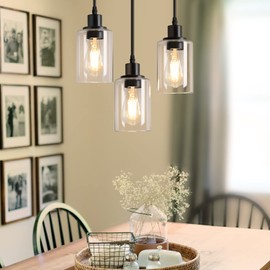 Industrial 3-Light Pendant Light, Adjustable Hanging Light Fixture with Clear Glass Shade, Mini Pendant Lighting, Vintage Farmhouse Ceiling Lamp for Kitchen Dining Room E26 Base, Black
