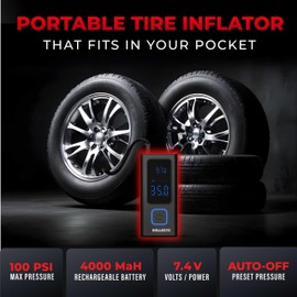 POCKET AIR Tire Inflator Portable Air Compressor by Bullseye Pro for Tires, Balls, Bike with Persta Valve, Auto Shut Off, Inflates in 2 Min, Cordless Rechargeable 4000MAH,100 PSI, SoS Light