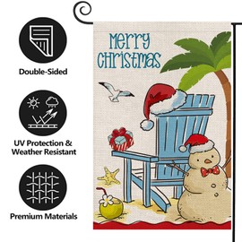 Texupday Merry Christmas Beach Chair Snowman Tropical Hawaii Winter Double Sided Vertical Burlap Garden Flag Rustic Seaside Coastal Party Outdoor Yard Banner 12" x 18"