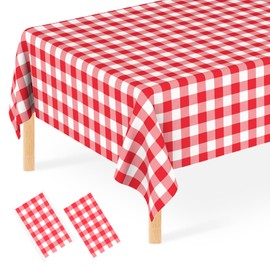 JCTHKUKU 2 Pcs Red Gingham Tablecloth, Disposable Plastic Red Checkered Table Cloth, Red & White Plaid Table Cover for Outdoor Picnic, Wedding, Baby & Bridal Shower, Birthday Party (54 x 108 Inch)