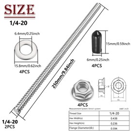 Apalie 2Pcs 1/4-20 Fully Threaded Rod 12" 304 Stainless Steel Long Threaded Screw with Lock Nuts, Flat Washer & Rubber End Caps for Anchor Bolts Clamps Hangers U-Bolts