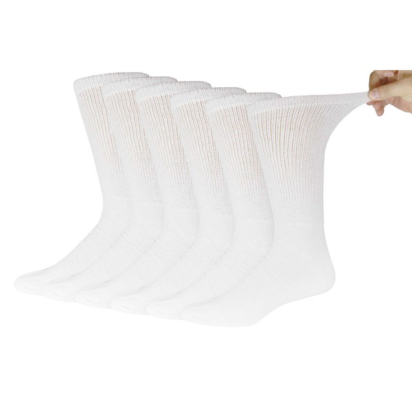6 Pairs of Women’s Neuropathy Diabetic Extra Stretchy Cotton Crew Socks (Shoe Size 6-12, White)