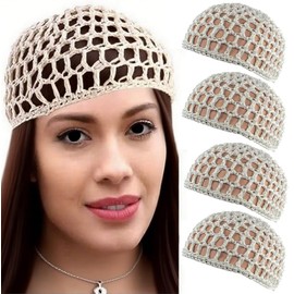 4PCS Crochet Hair Net - Soft Mesh Hair Wrap for Sleeping, Curls & Bun Lifting - Breathable Snood Hat for Women, Thick/Short Knit Hairs Cover for Long/Short Straight or Curly Hairs, Wig Cap (Off white)