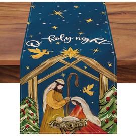 Jesus Christian Holy Night Christmas Table Runner 13x72inch Home Kitchen Table Runner Party Decoration -C 13x72 inch
