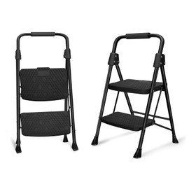 KOLLMAX 2 Step Ladder, Folding Step Stool with Wide Anti-Slip Pedal, Sturdy Steel Ladder, Convenient Handgrip, Lightweight Portable Steel Step Stool, Black (Black, 2 Step)