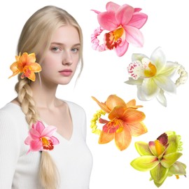 4 Colors Artificial Flower Hair Clips, Bohemian Hawaiian Flower Hair Accessories for Seaside Holiday, 3.5 Inch Bridal Bobby Pins Headwear for Women Girls (Twin Flowers) (Hair Elastic)